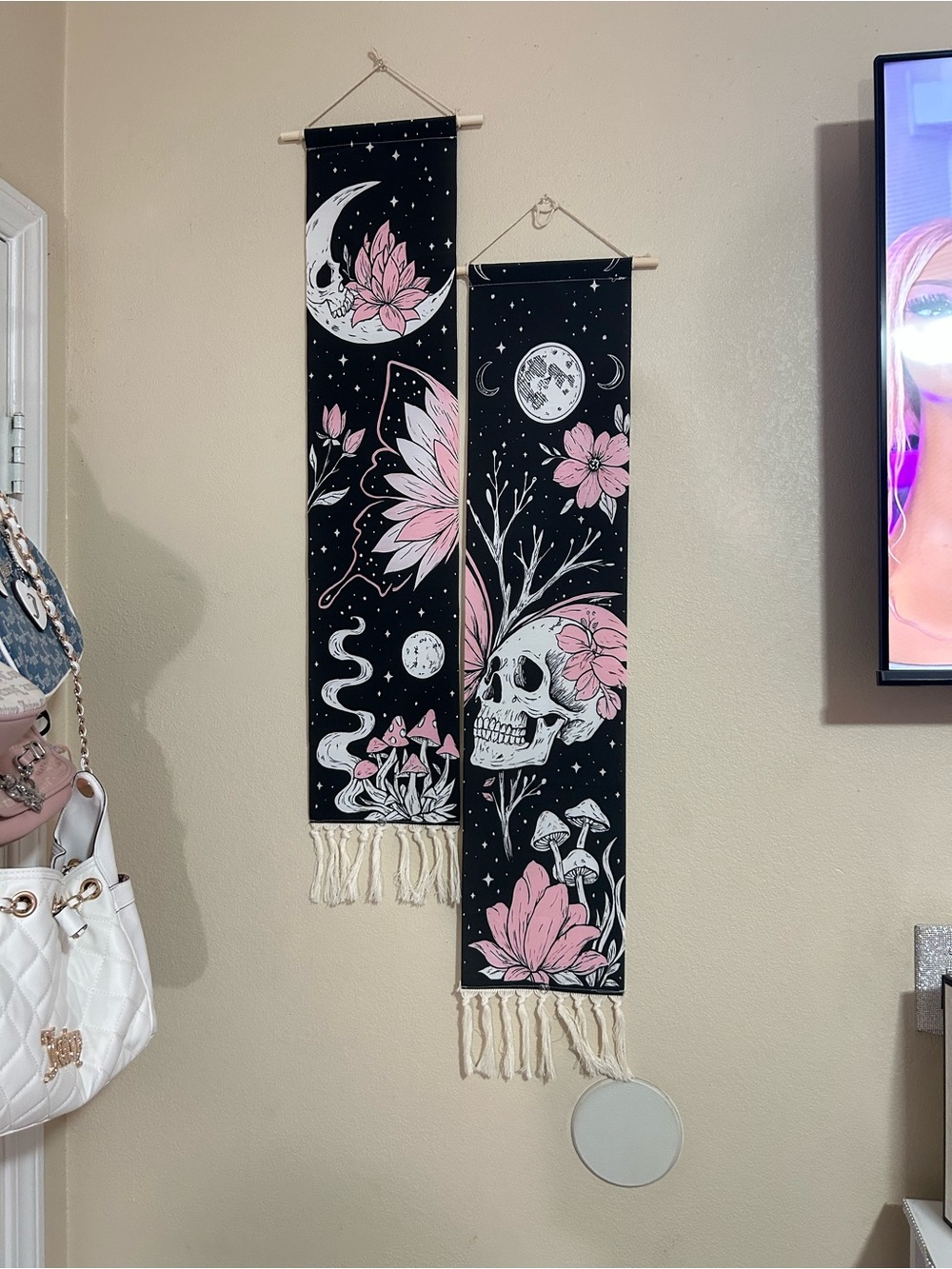 Black and Pink Floral Skull Wall Hanging Tapestry